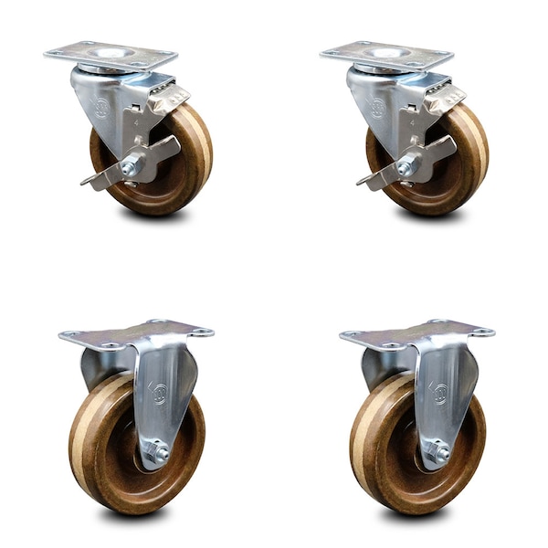 4 Inch High Temp Phenolic Swivel Top Plate Caster Set with 2 Brakes 2 Rigid SCC